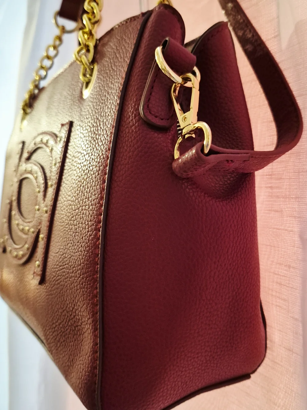 Bebe 'Oliver Burgandy Faux Leather Gold Studded Satchel Shoulder/Crossbody Bag